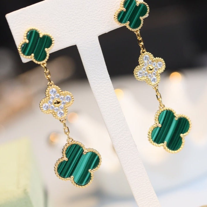 [Stars Jewelry]CLOVER EARRINGS GOLD MALACHITE DIAMOND 3 MOTIF