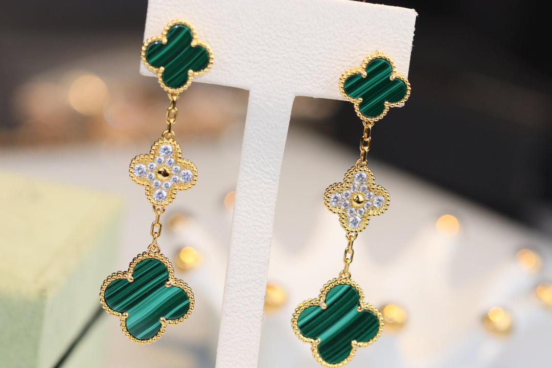 [Stars Jewelry]CLOVER EARRINGS GOLD MALACHITE DIAMOND 3 MOTIF