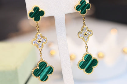 [Stars Jewelry]CLOVER EARRINGS GOLD MALACHITE DIAMOND 3 MOTIF