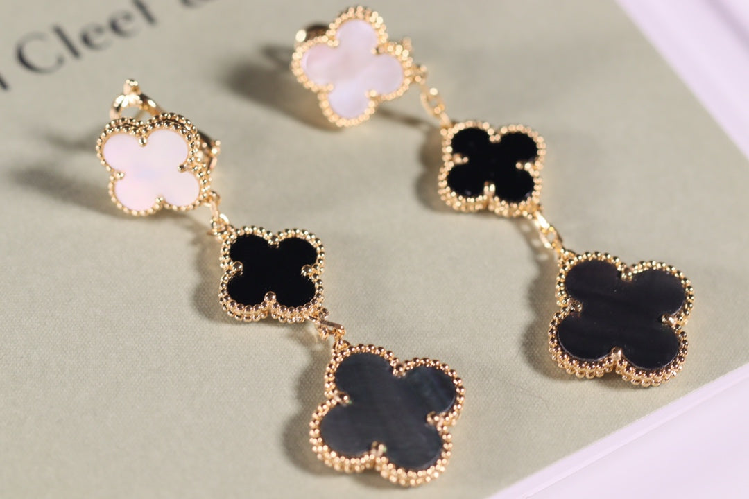 [Stars Jewelry]CLOVER EARRINGS GOLD ONYX MOP 3 MOTIF