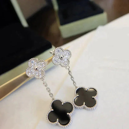 [Stars Jewelry]CLOVER 2 MOTIFS  DIAMOND ONYX EARRINGS SILVER