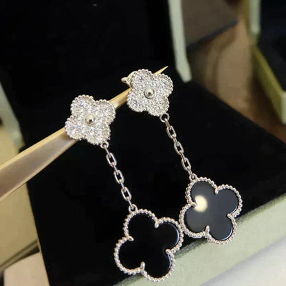 [Stars Jewelry]CLOVER 2 MOTIFS  DIAMOND ONYX EARRINGS SILVER