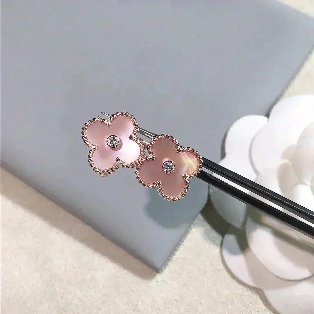 [Stars Jewelry]CLOVER MEDIUM 1 MOTIFS  PINK MOP DIAMOND EARRINGS