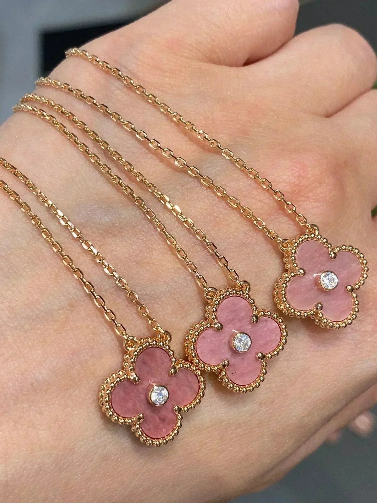 [Stars Jewelry]CLOVER 15MM DIAMOND RHODONITE NECKLACE