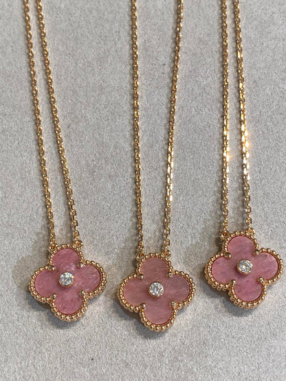 [Stars Jewelry]CLOVER 15MM DIAMOND RHODONITE NECKLACE