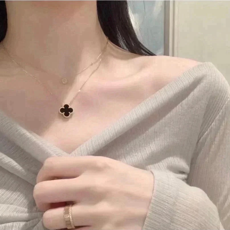 [Stars Jewelry]CLOVER 15MM BLACK ONYX SINGLE FLOWER NECKLACE