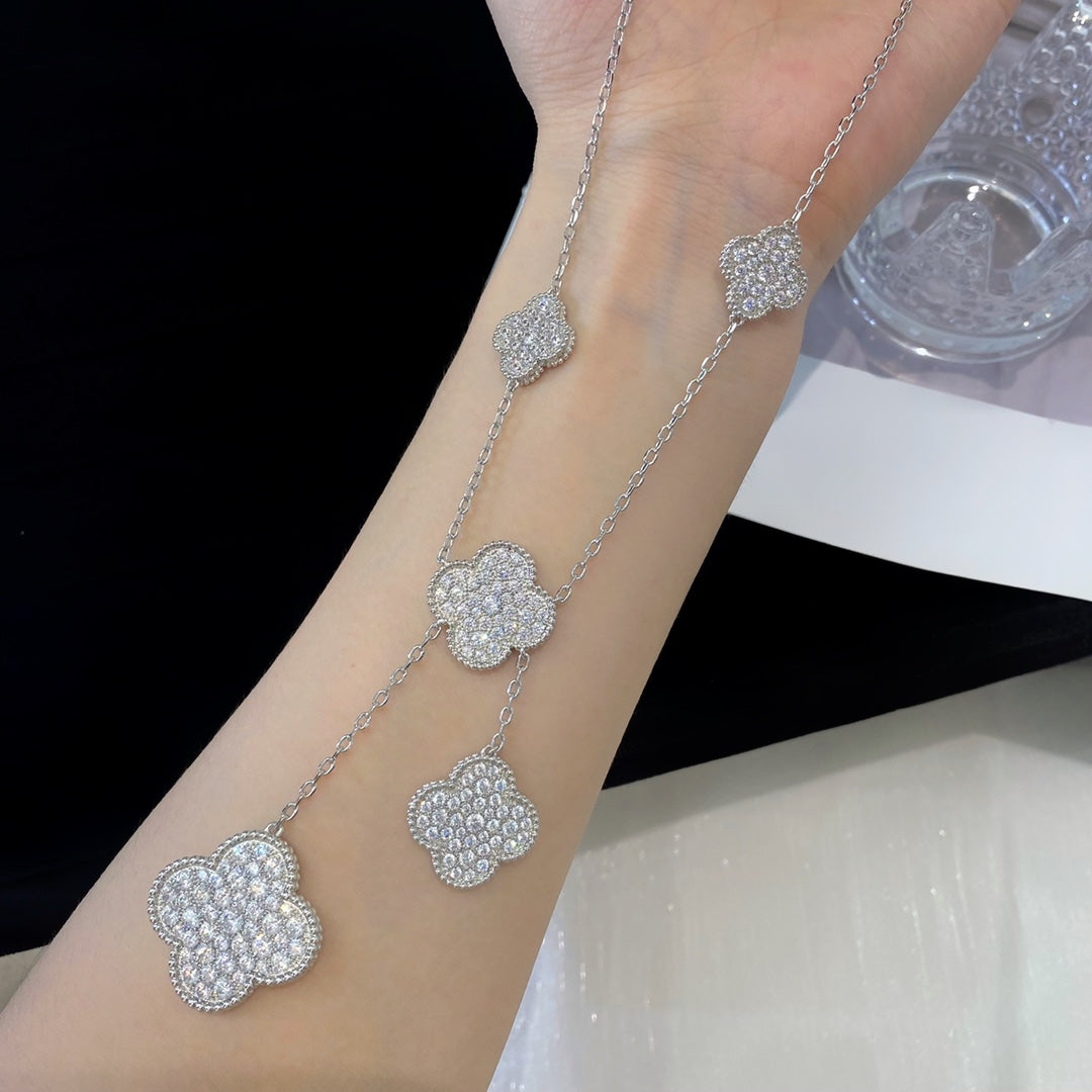 [Stars Jewelry]CLOVER 5 MOTIFS SILVER DIAMONDS NECKLACE