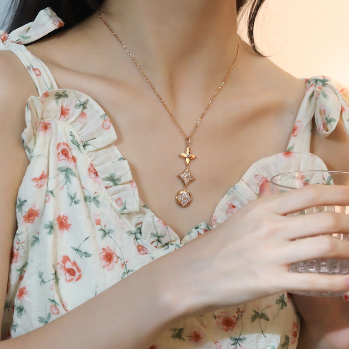[Stars Jewelry]STAR AND SUN DIAMOND PINK GOLD NECKLACE