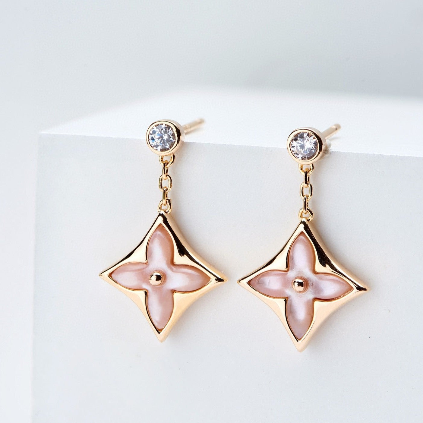 [Stars Jewelry]DOUBLE STAR PINK GOLD MOP DROP EARRINGS