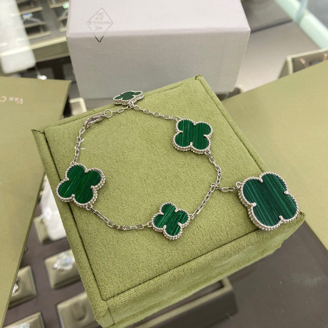 [Stars Jewelry]CLOVER 5 MOTIFS SIVLER MALACHITE BRACELET
