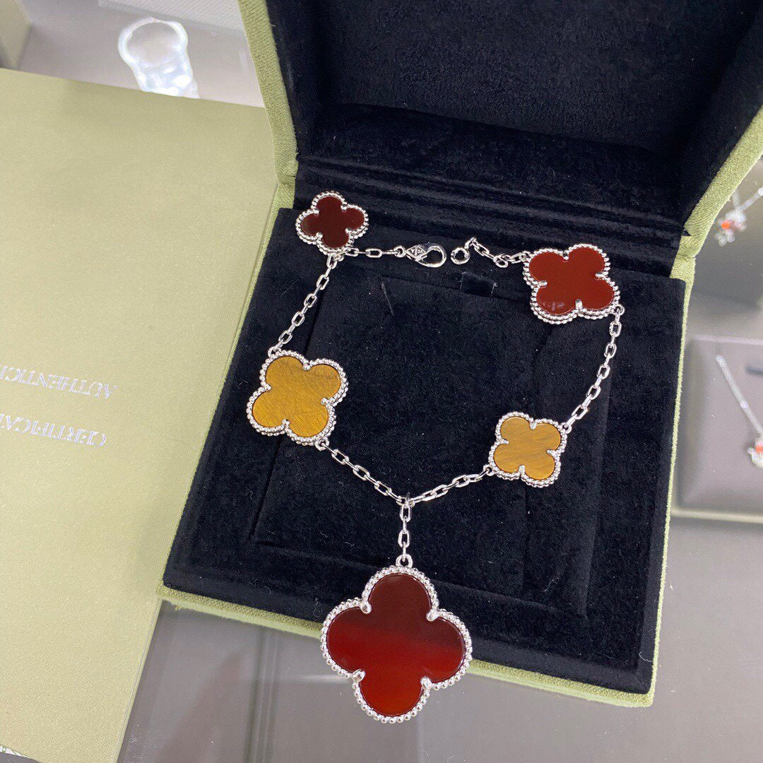 [Stars Jewelry]CLOVER 5 MOTIFS SIVLER CARNELIAN TIGER EYE BRACELET