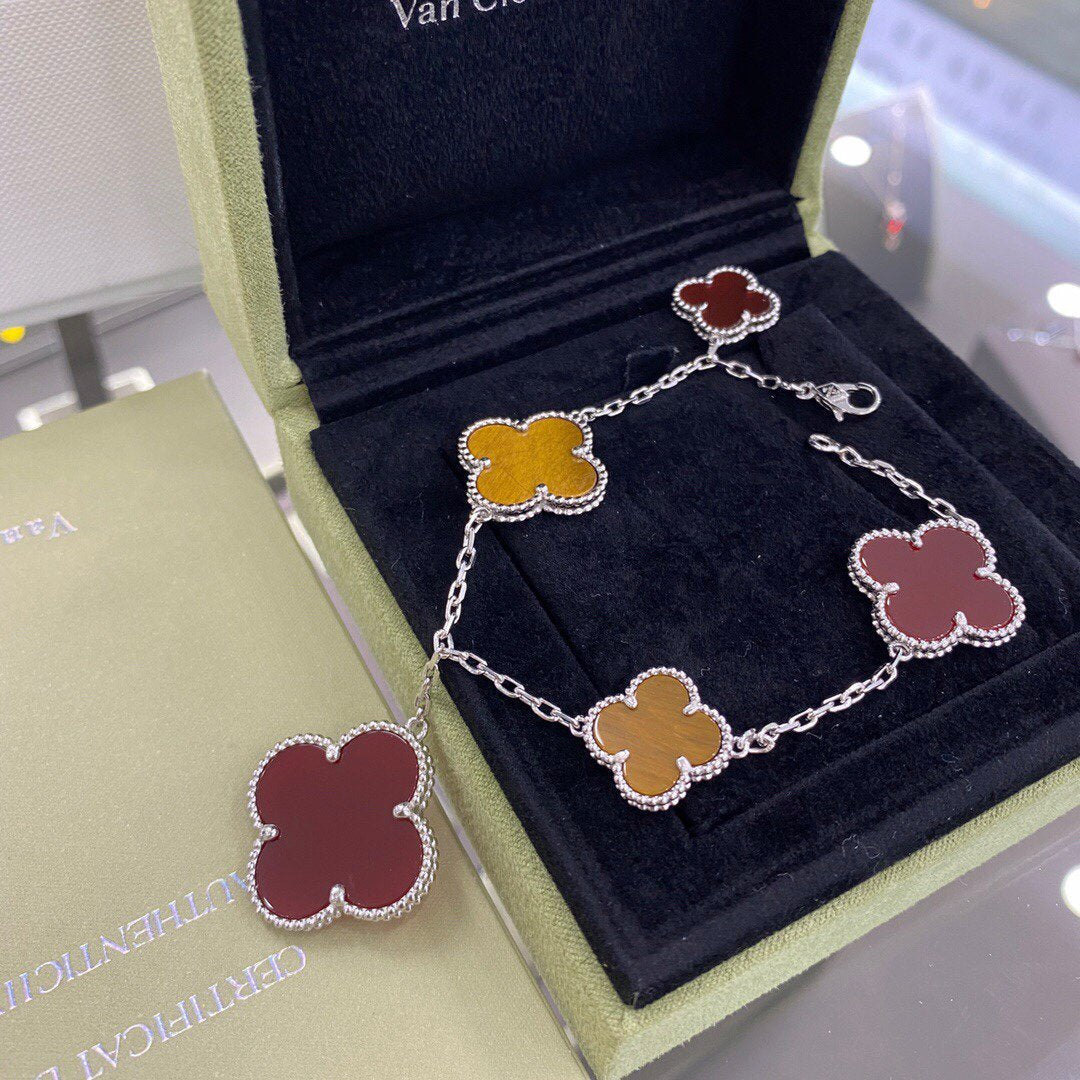 [Stars Jewelry]CLOVER 5 MOTIFS SIVLER CARNELIAN TIGER EYE BRACELET