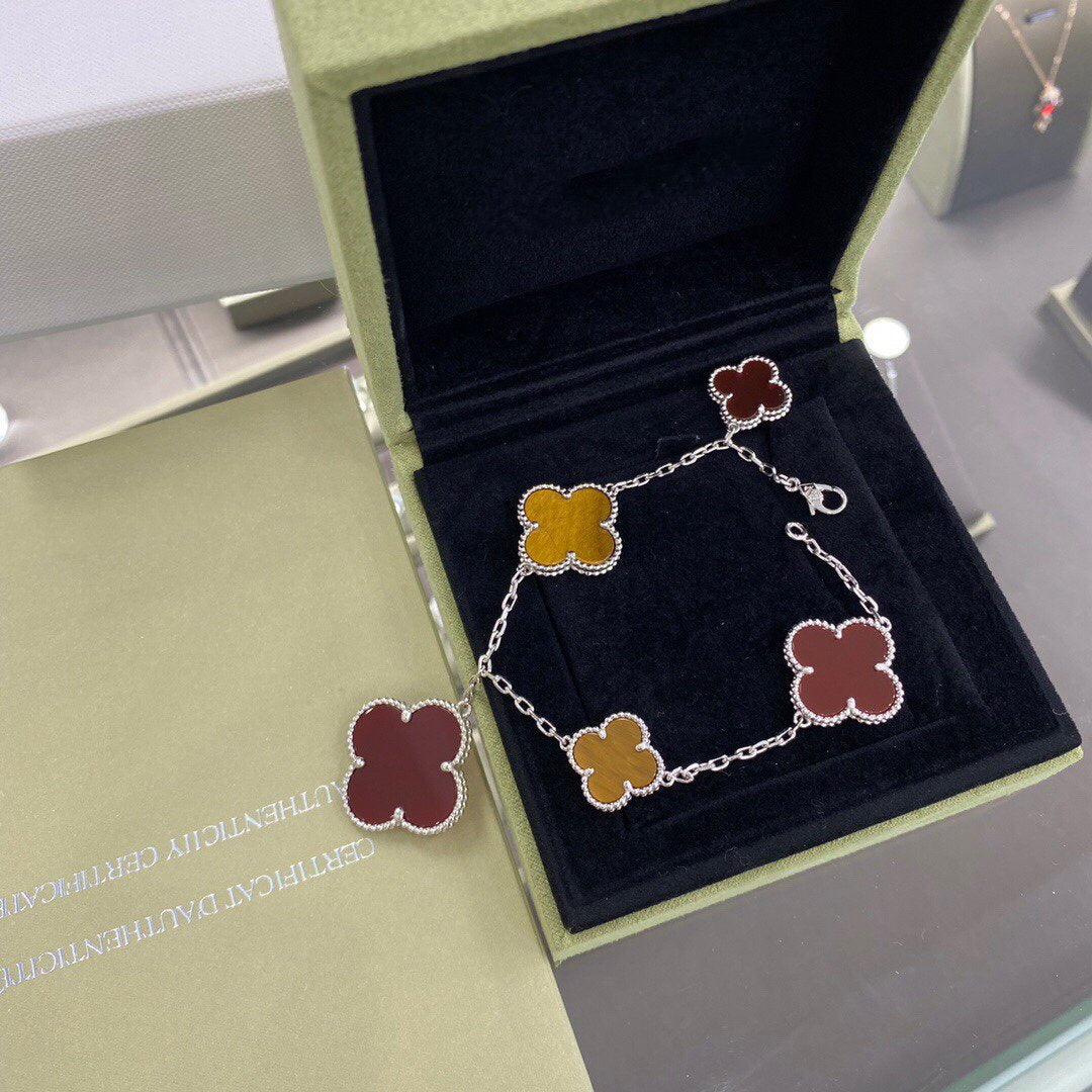 [Stars Jewelry]CLOVER 5 MOTIFS SIVLER CARNELIAN TIGER EYE BRACELET