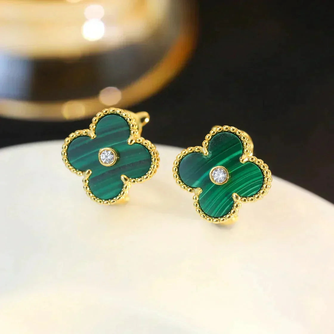 [Stars Jewelry]CLOVER MEDIUM 1 MOTIFS MALACHITE DIAMOND EARRINGS