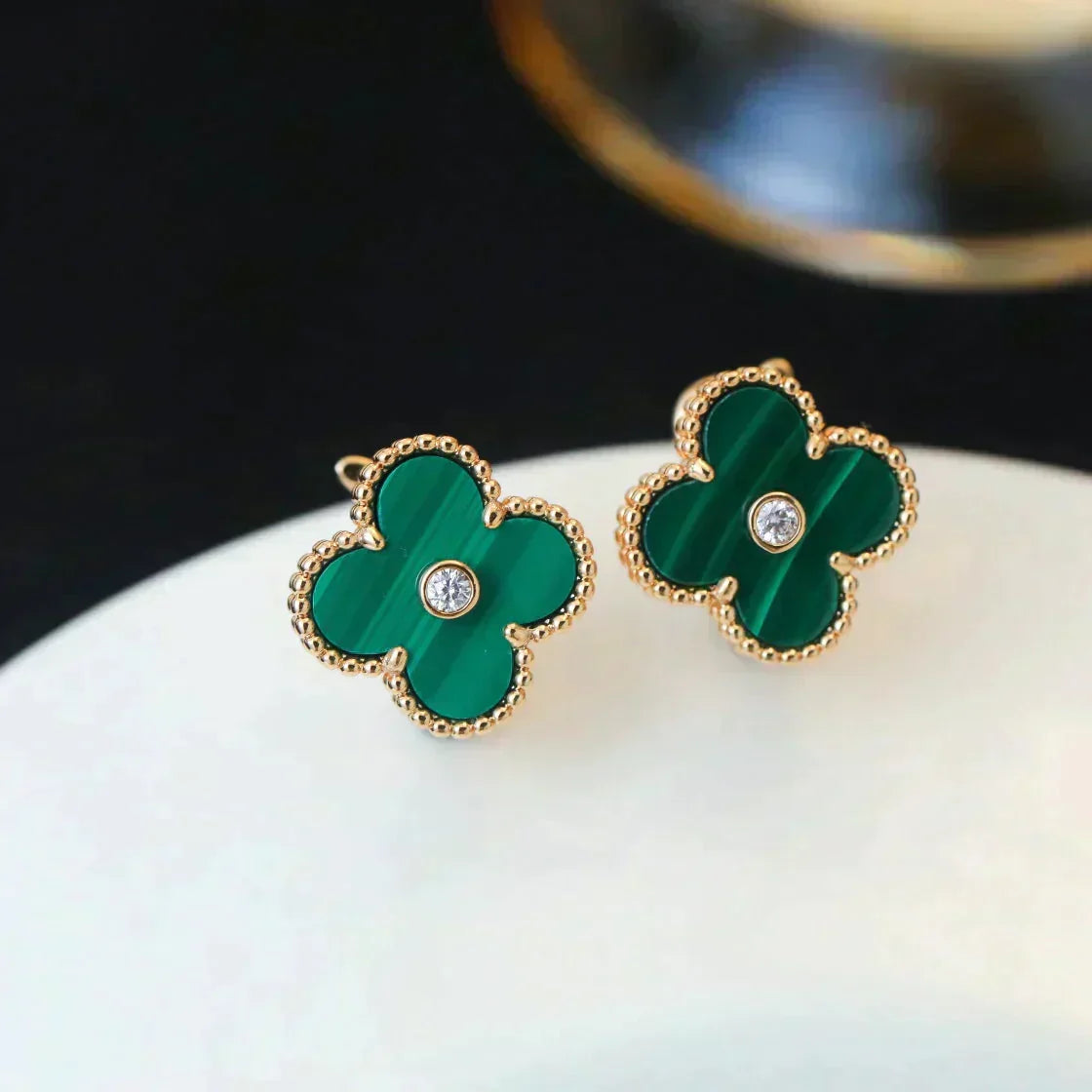 [Stars Jewelry]CLOVER MEDIUM 1 MOTIFS MALACHITE DIAMOND EARRINGS