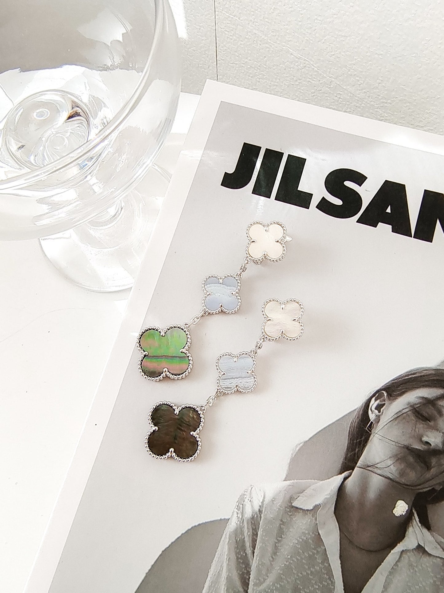 [Stars Jewelry]CLOVER 3 MOTIFS CHALCEDONY DARK MOP SILVER EARRINGS