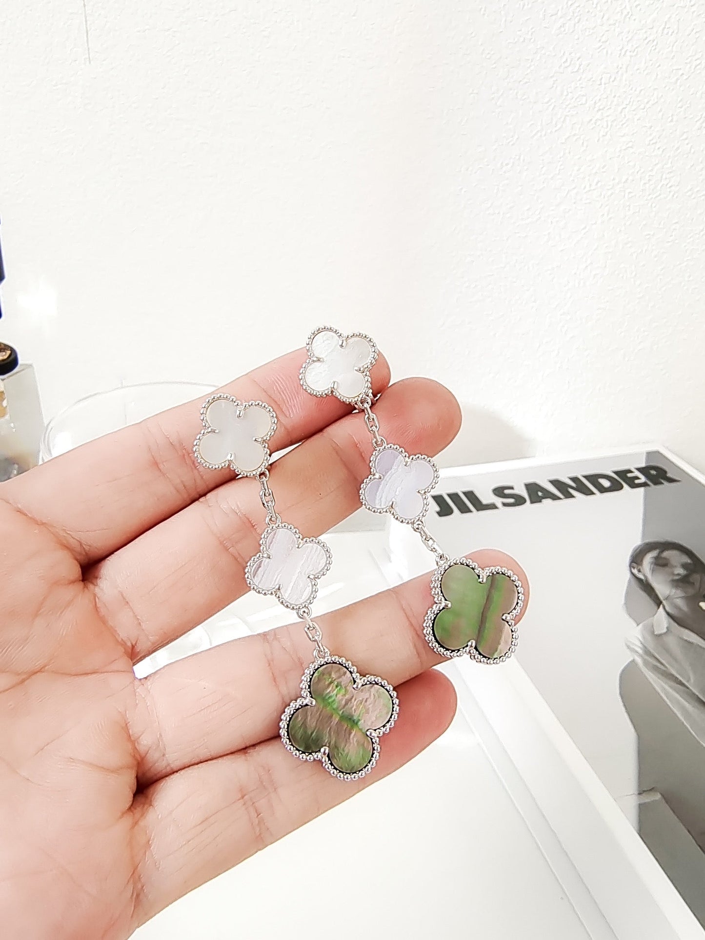 [Stars Jewelry]CLOVER 3 MOTIFS CHALCEDONY DARK MOP SILVER EARRINGS