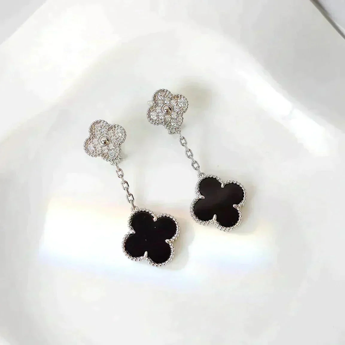 [Stars Jewelry]CLOVER 2 MOTIFS  DIAMOND ONYX EARRINGS SILVER