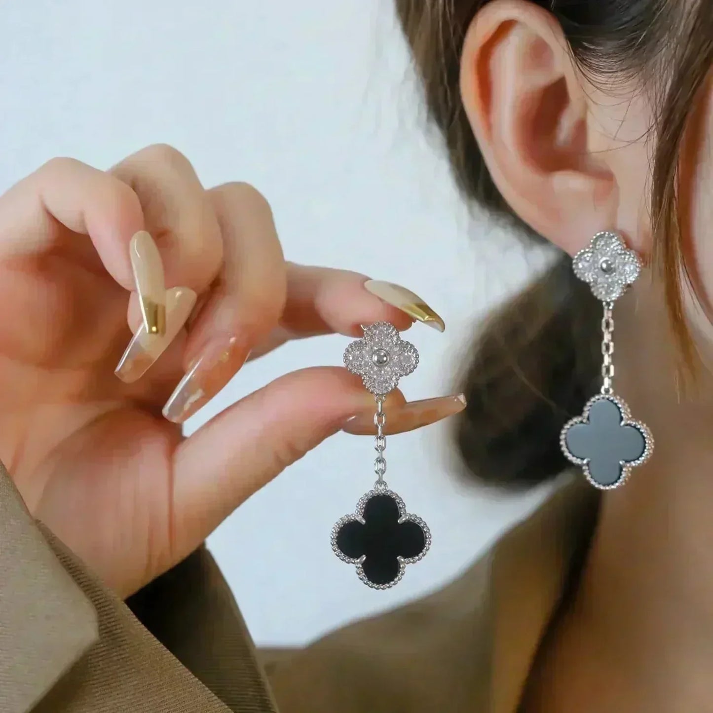 [Stars Jewelry]CLOVER 2 MOTIFS  DIAMOND ONYX EARRINGS SILVER