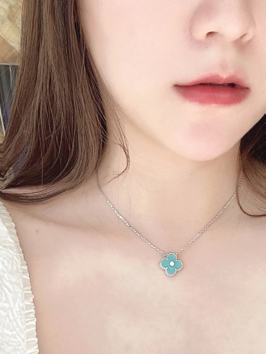 [Stars Jewelry]CLOVER 1 DIAMOND LIGHT BLUE SILVER NECKLACE