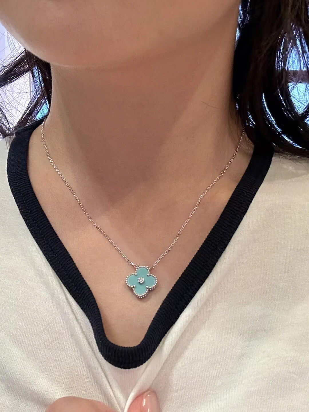 [Stars Jewelry]CLOVER 1 DIAMOND LIGHT BLUE SILVER NECKLACE
