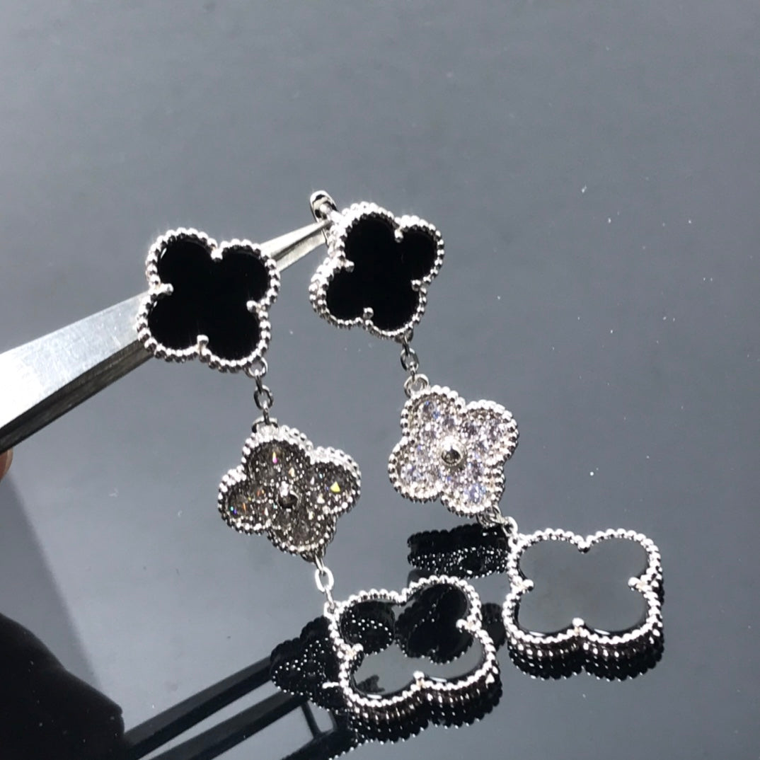 [Stars Jewelry]CLOVER 3 MOTIF DIAMOND ONYX SILVER EARRINGS