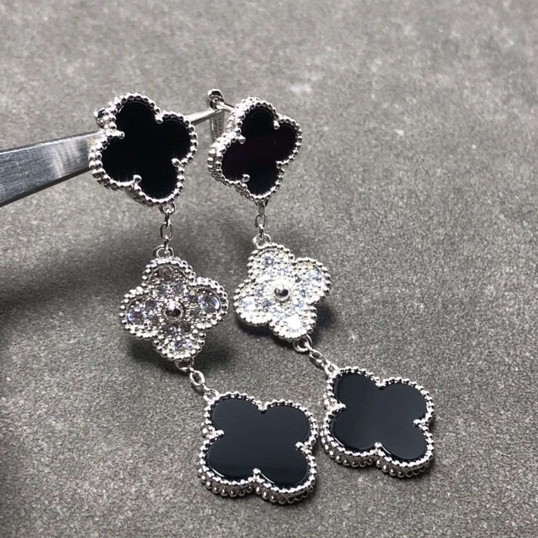 [Stars Jewelry]CLOVER 3 MOTIF DIAMOND ONYX SILVER EARRINGS