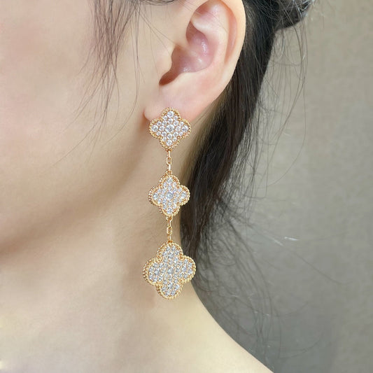 [Stars Jewelry]CLOVER 3 MOTIFS DIAMOND PAVED ROSE GOLD EARRINGS