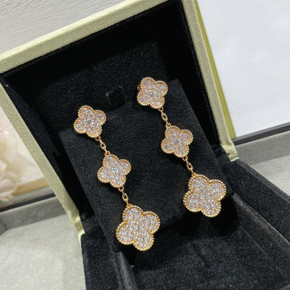 [Stars Jewelry]CLOVER 3 MOTIFS DIAMOND PAVED ROSE GOLD EARRINGS