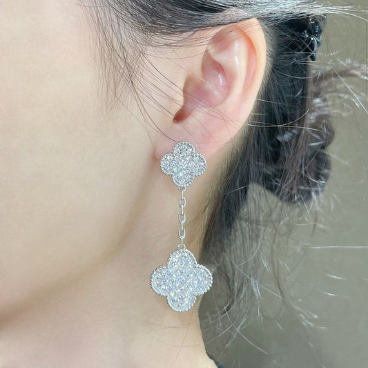 [Stars Jewelry]CLOVER 2 MOTIFS DIAMOND PAVED SILVER EARRINGS