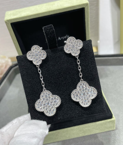[Stars Jewelry]CLOVER 2 MOTIFS DIAMOND PAVED SILVER EARRINGS