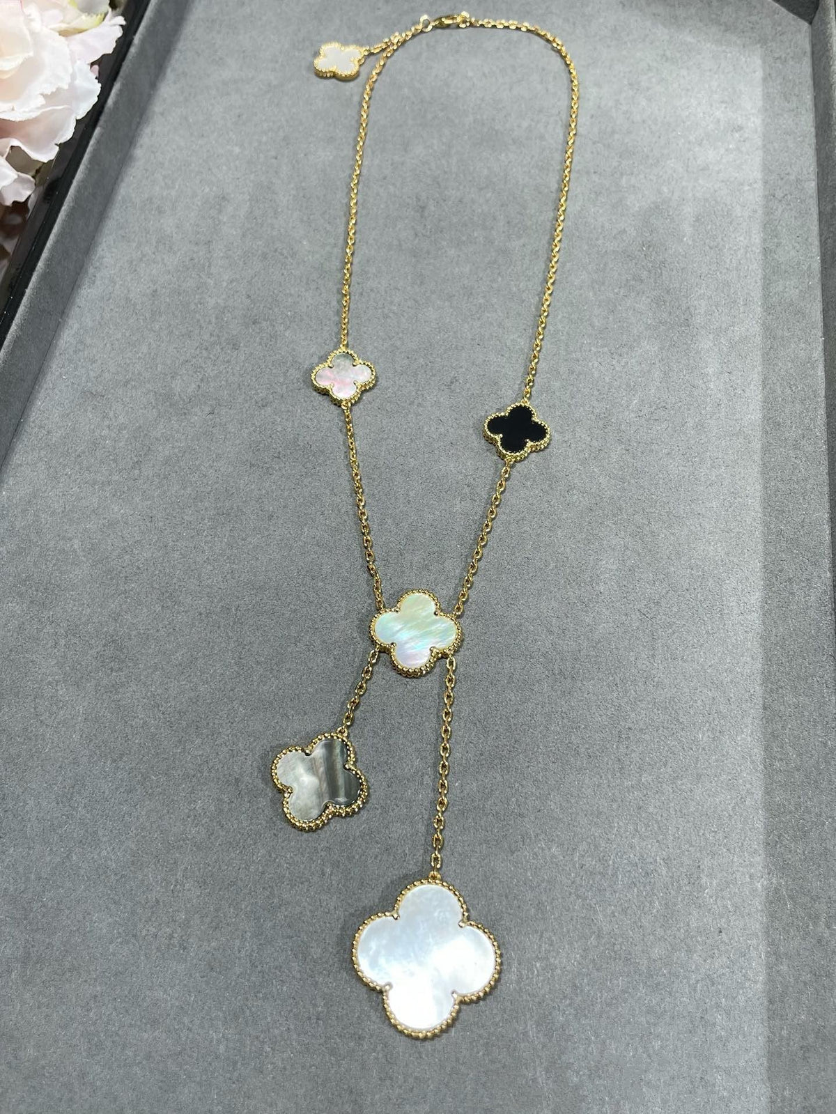 [Stars Jewelry]CLOVER 6 MOTIF MOP ONYX GOLD NECKLACE