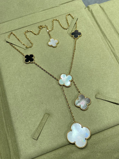 [Stars Jewelry]CLOVER 6 MOTIF MOP ONYX GOLD NECKLACE