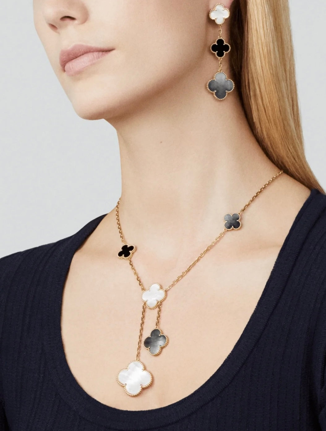 [Stars Jewelry]CLOVER 3 MOTIF MOP ONYX DARK MOP PINK GOLD EARRINGS