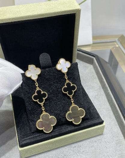 [Stars Jewelry]CLOVER 3 MOTIF MOP ONYX DARK MOP PINK GOLD EARRINGS