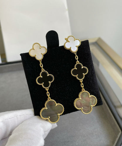 [Stars Jewelry]CLOVER 3 MOTIF MOP ONYX DARK MOP PINK GOLD EARRINGS