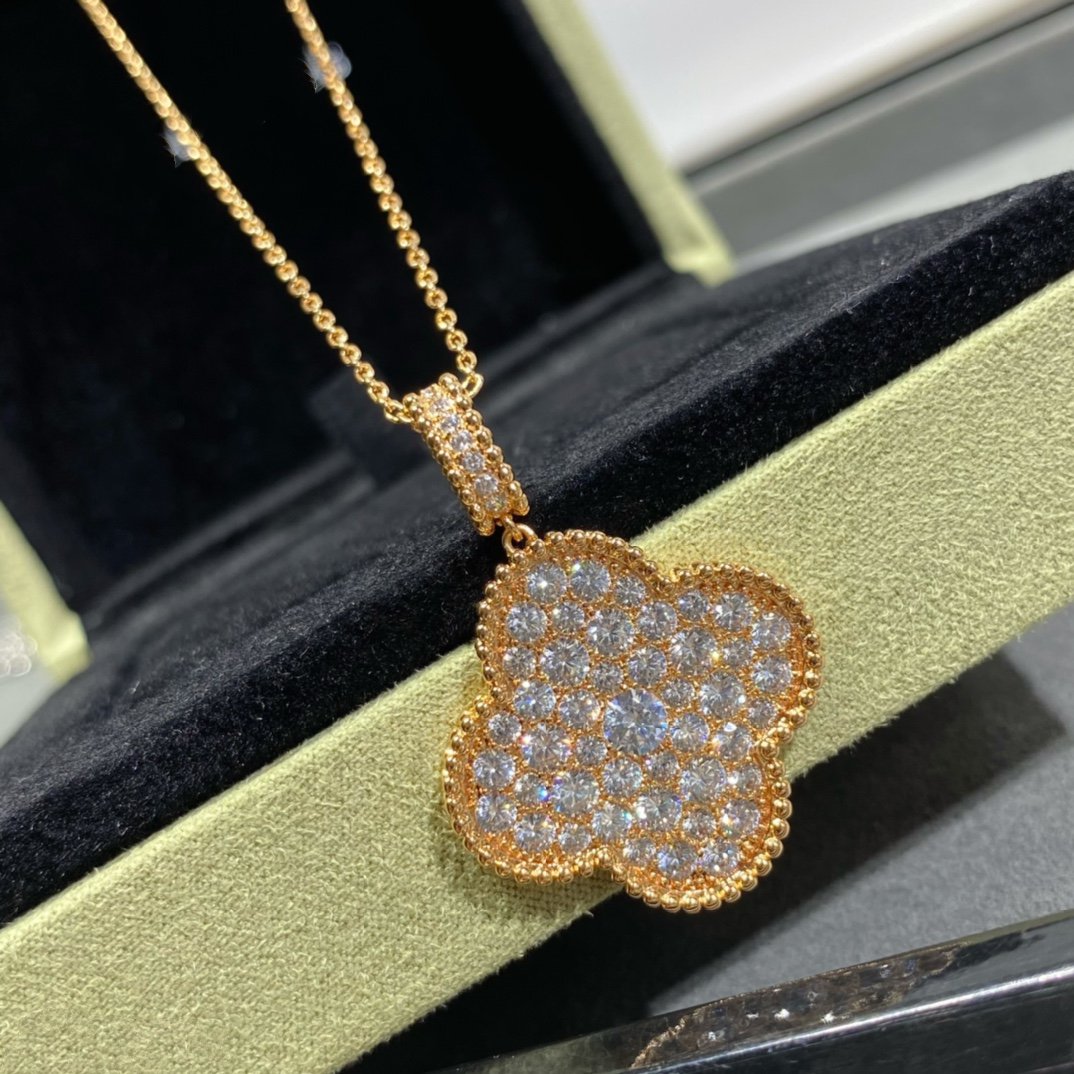 [Stars Jewelry]CLOVER 25MM LARGE PEDANT DIAMOND PAVED LONG NECKLACE
