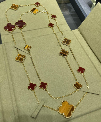 [Stars Jewelry]CLOVER 16 MOTIF CARNELIAN TIGER EYE ROSE GOLD NECKLACE