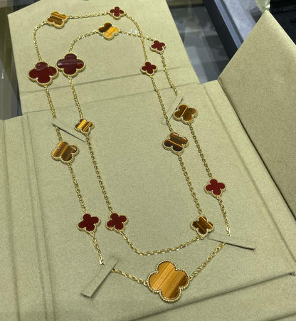 [Stars Jewelry]CLOVER 16 MOTIF CARNELIAN TIGER EYE ROSE GOLD NECKLACE
