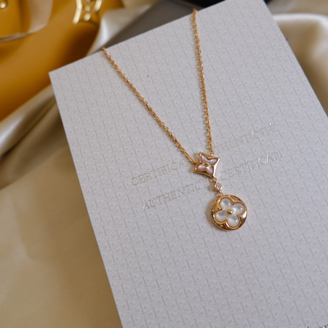 [Stars Jewelry]STAR AND SUN WHITE MOP 2 MOTIF PINK GOLD NECKLACE