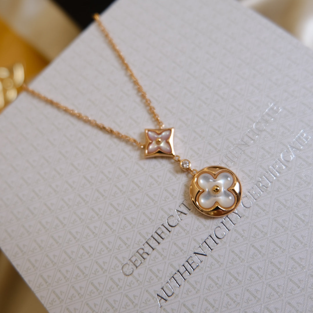 [Stars Jewelry]STAR AND SUN WHITE MOP 2 MOTIF PINK GOLD NECKLACE