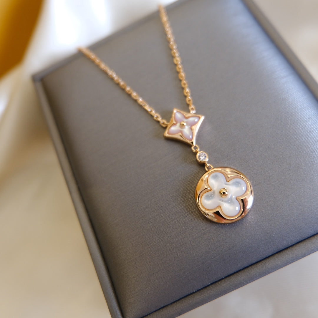 [Stars Jewelry]STAR AND SUN WHITE MOP 2 MOTIF PINK GOLD NECKLACE