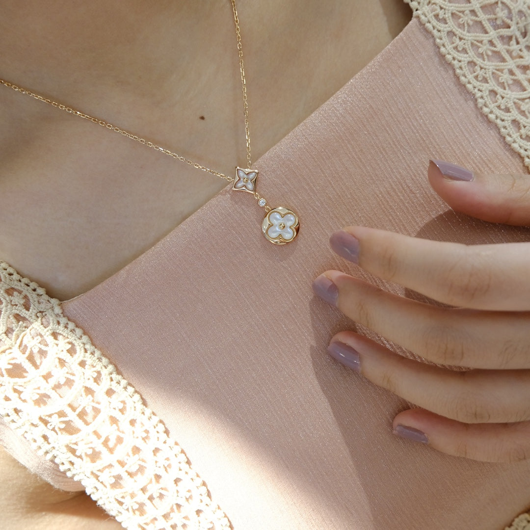 [Stars Jewelry]STAR AND SUN WHITE MOP 2 MOTIF PINK GOLD NECKLACE
