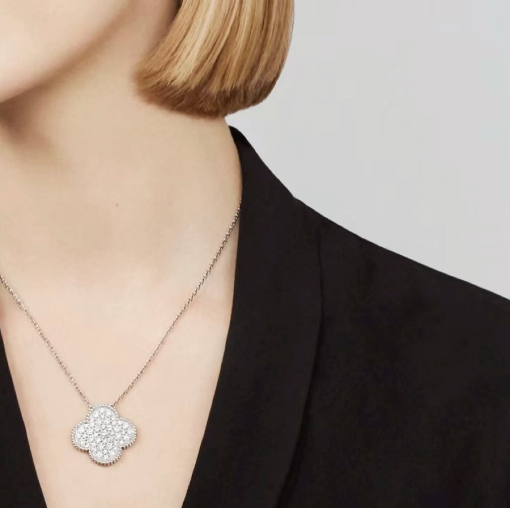 [Stars Jewelry]CLOVER 25MM LARGE PENDANT DIAMOND PAVED SILVER NECKLACE