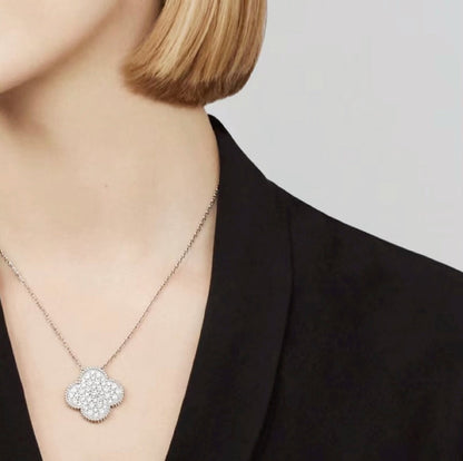 [Stars Jewelry]CLOVER 25MM LARGE PENDANT DIAMOND PAVED SILVER NECKLACE