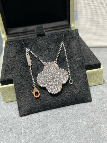 [Stars Jewelry]CLOVER 25MM LARGE PENDANT DIAMOND PAVED SILVER NECKLACE