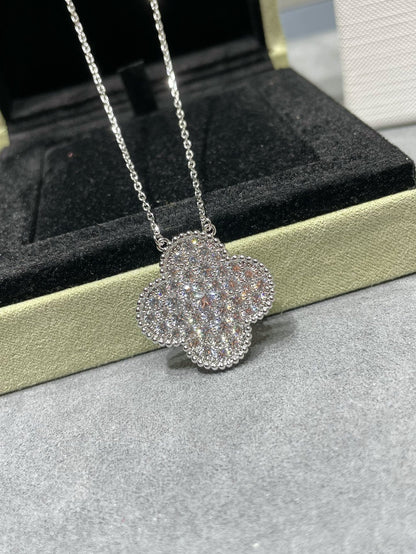 [Stars Jewelry]CLOVER 25MM LARGE PENDANT DIAMOND PAVED SILVER NECKLACE