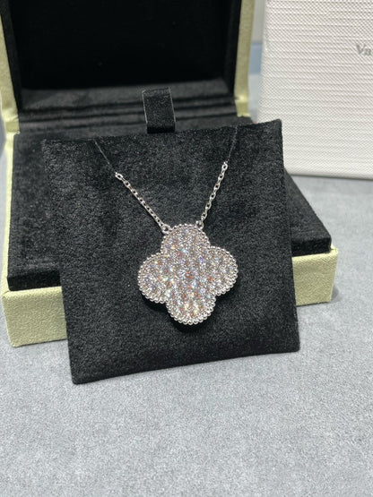 [Stars Jewelry]CLOVER 25MM LARGE PENDANT DIAMOND PAVED SILVER NECKLACE