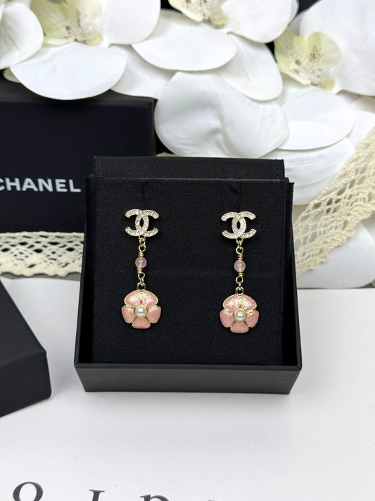[Stars Jewelry]26C Pink Camellia Enamel Pendant with Double C Earrings