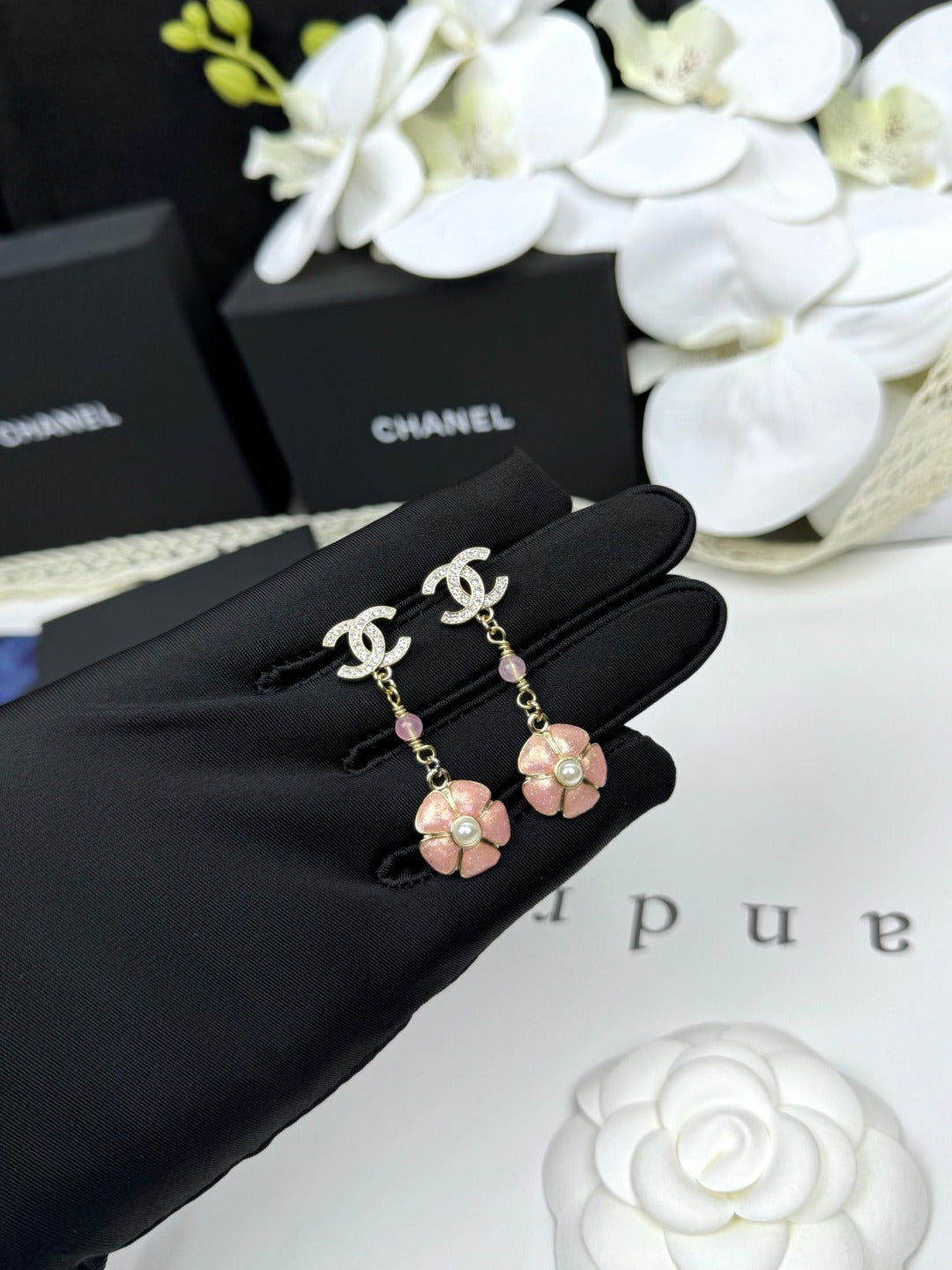 [Stars Jewelry]26C Pink Camellia Enamel Pendant with Double C Earrings